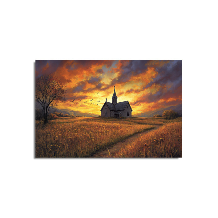 Church in Field at Sunset