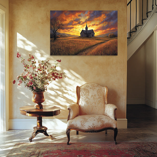 Church in Field at Sunset