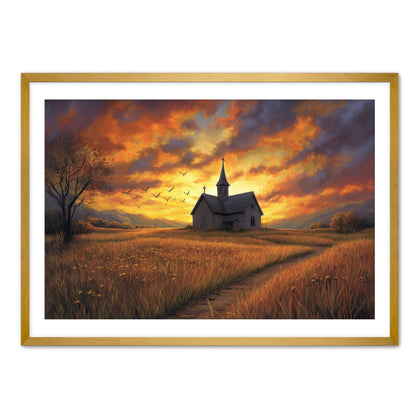 Church in Field at Sunset