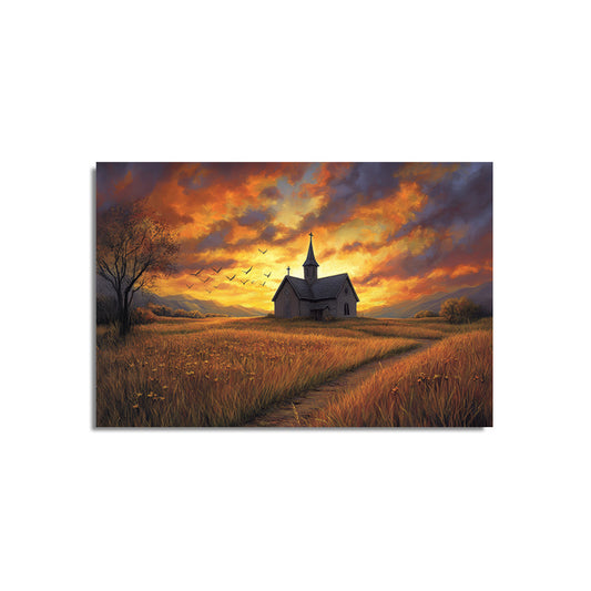 Church in Field at Sunset
