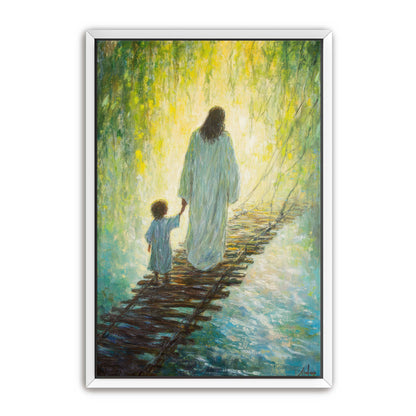 Jesus Keeping Child Safe on Bridge
