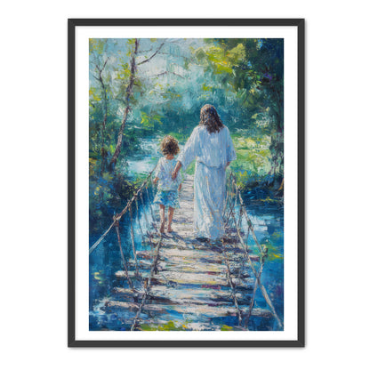 Jesus Keeping Child Safe on Bridge
