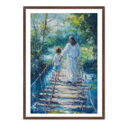 Jesus Keeping Child Safe on Bridge