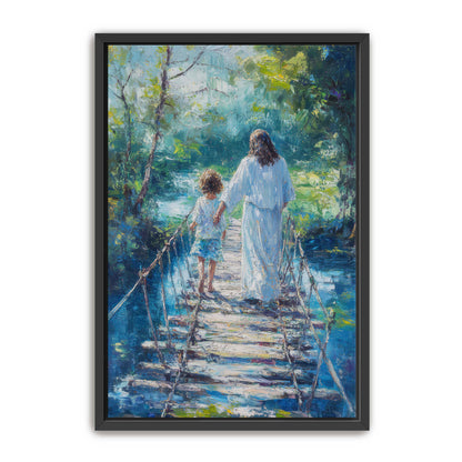 Jesus Keeping Child Safe on Bridge