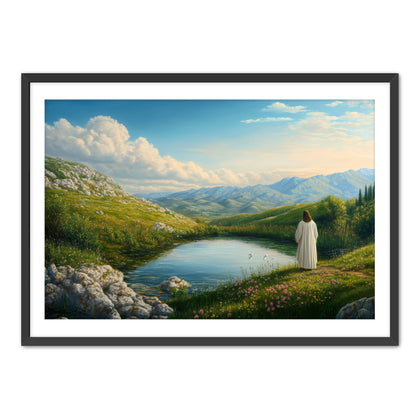 Jesus by Pond in Meadow