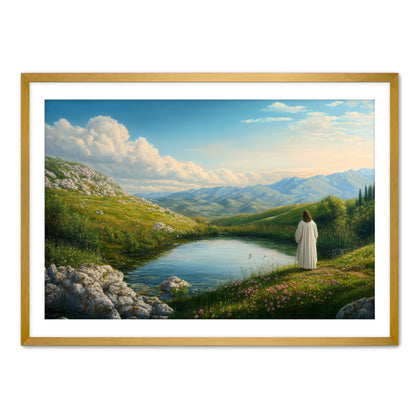 Jesus by Pond in Meadow