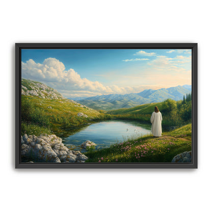 Jesus by Pond in Meadow