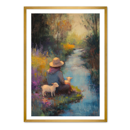 Shepherd Rests with Lambs