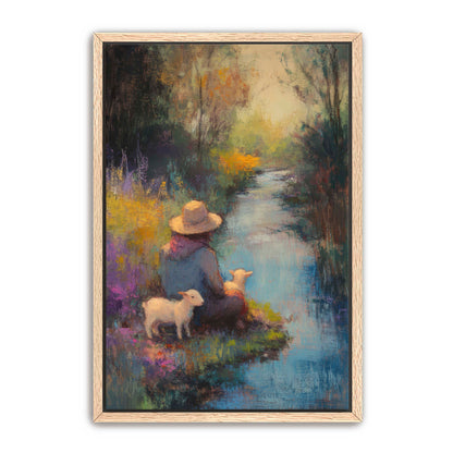 Shepherd Rests with Lambs